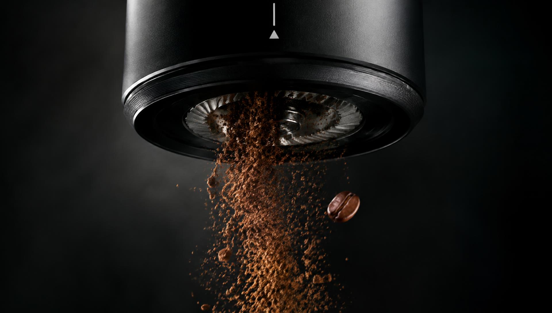 Coffee grounds falling from a matte black grinder with a single bean in the air