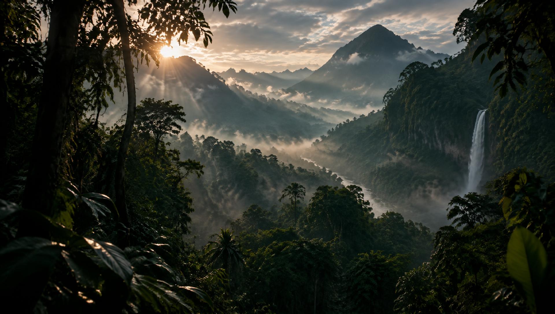 Dense rainforest at dawn with sunlight breaking through the canopy