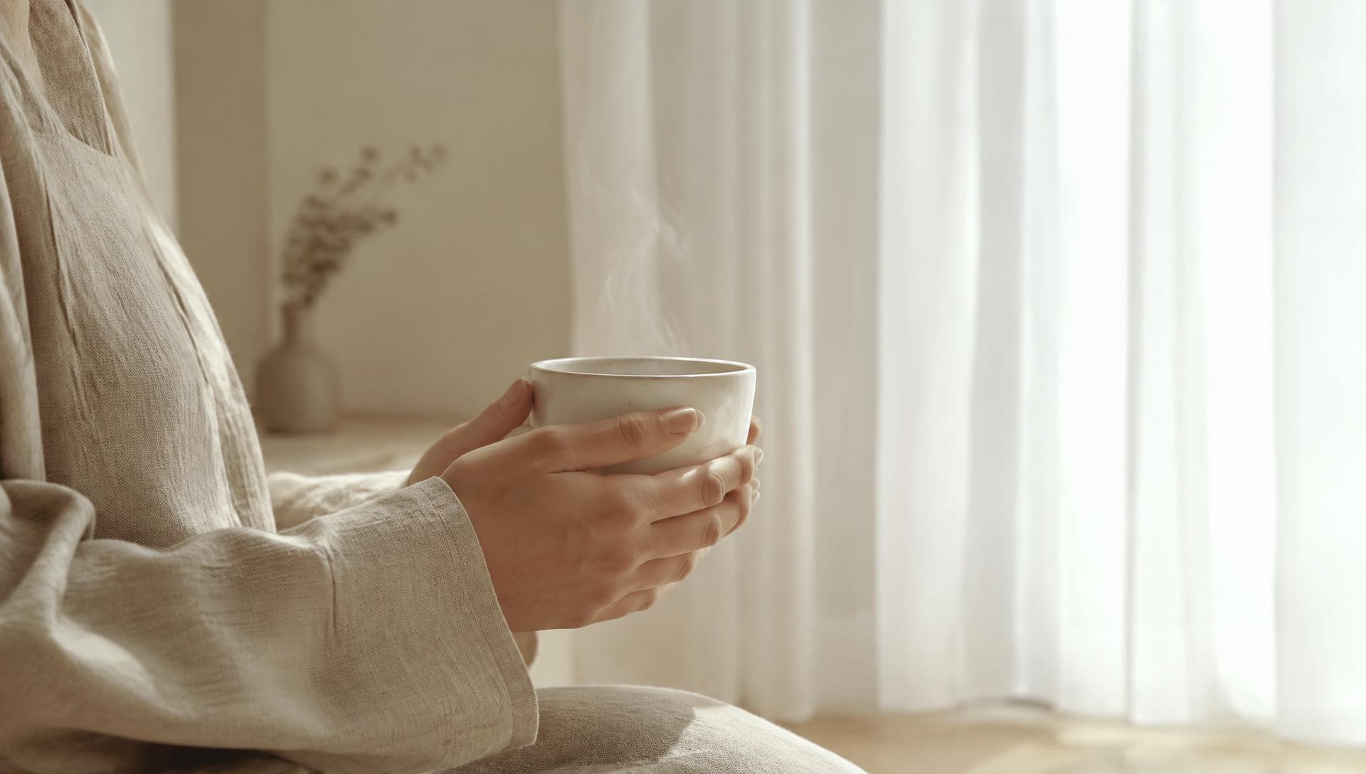Hands holding a ceramic coffee cup in soft morning light